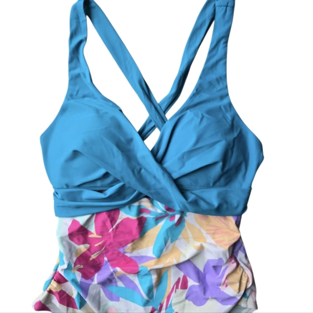 Mult Spring Molded Twist Front Tummy Control Plus Size One Piece